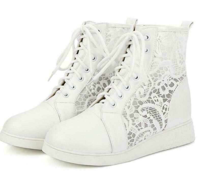 Womens Lace Up Mesh Wedge Hidden Heel Round Toe Faux Leather Ankle Boots Shoes