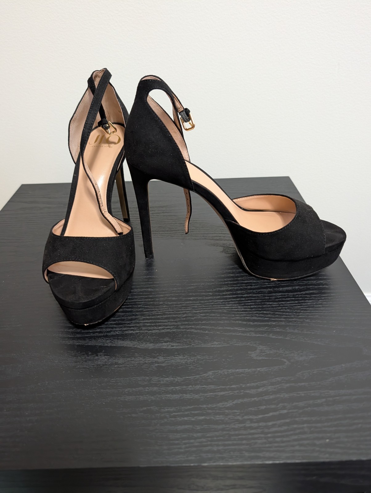 JLO Black Platform Stiletto Heels Ankle Strap Buckle Open Toe Suede Women’s 9M