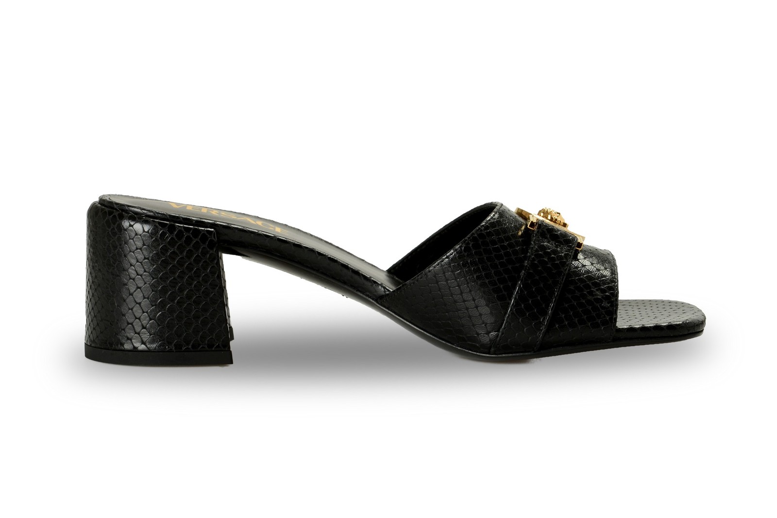 Versace Women’s Snake Print Leather Gold Medusa Mules Sandals Shoes US 6 IT 36
