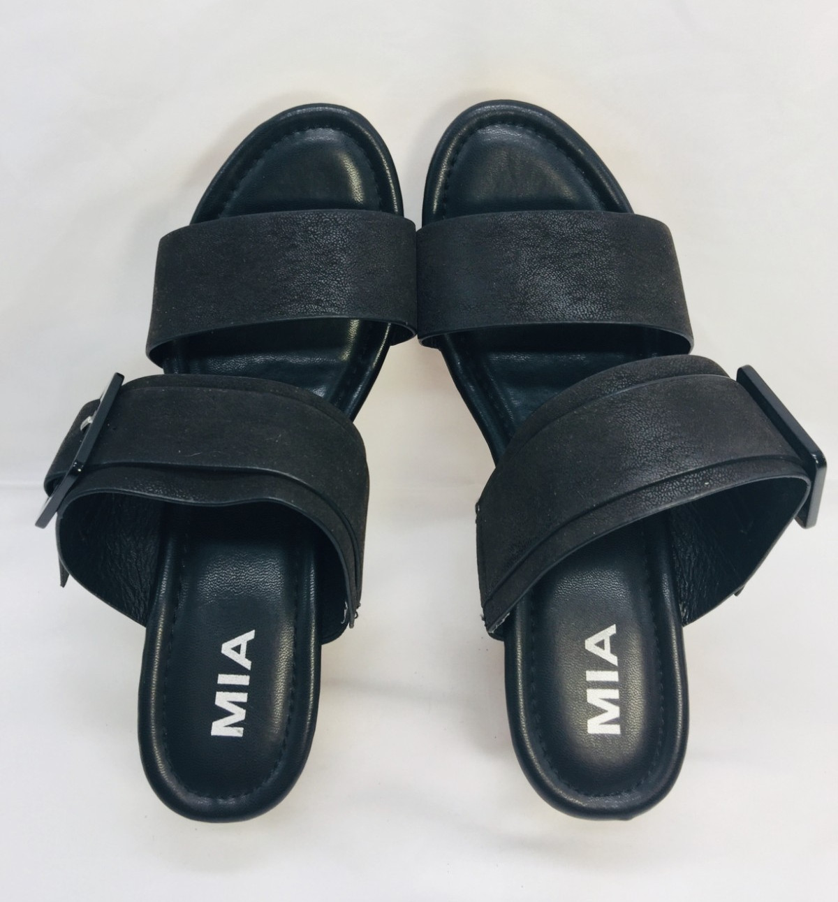 MIA Kristel Women’s Wedges 4.25″ Heel Black Strap Shoes With Buckle Sz 7.5M EUC