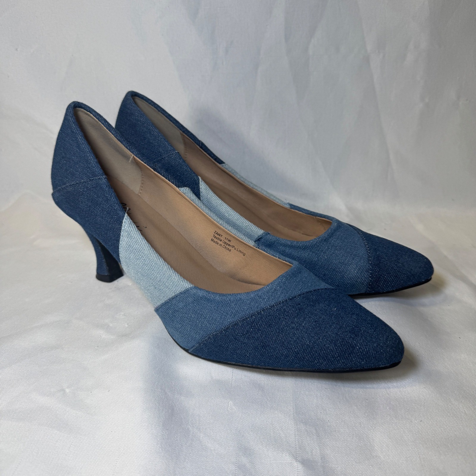 Bellini Zany Blue Denim Patchwork Pointed Toe Kitten Heel Pumps Womens 11W