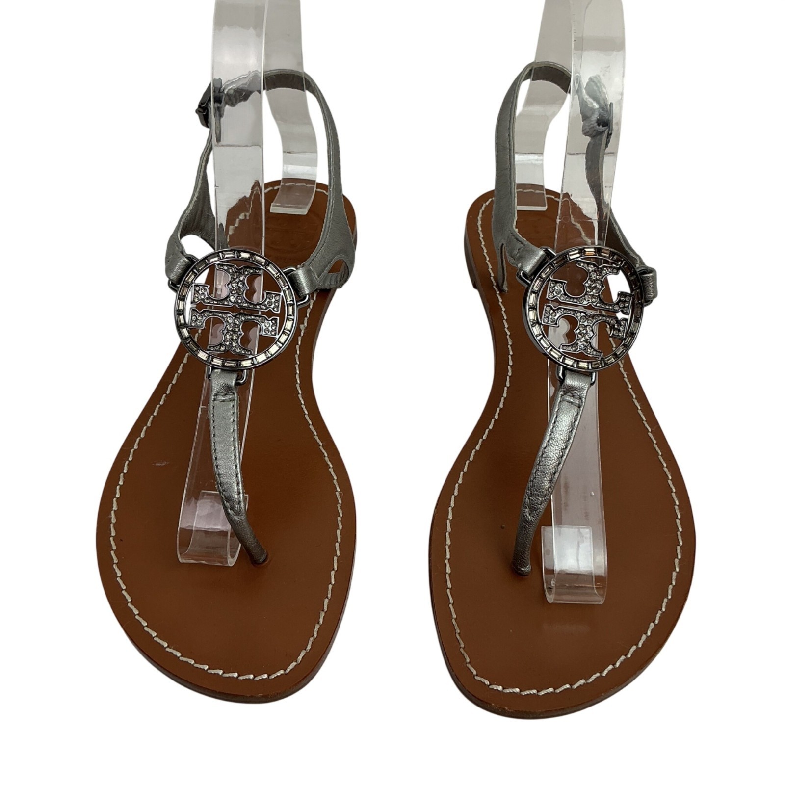 Tory Burch Crystal Metallic Logo Leather Slingback T-Strap Sandals Silver Tan