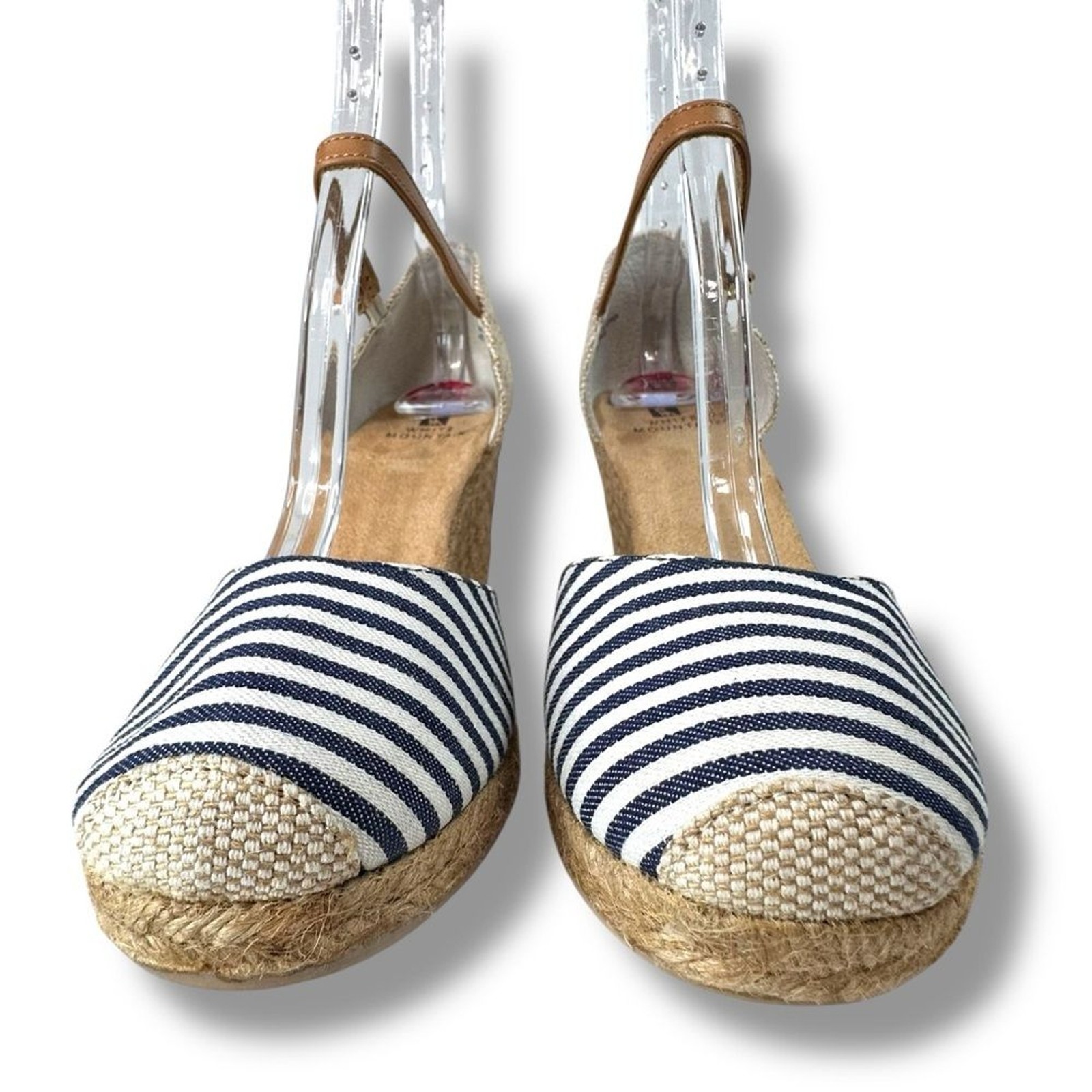 White Mountain Mamba Ankle Strap Espadrille Wedge Sandals Blue White Stripe 10M