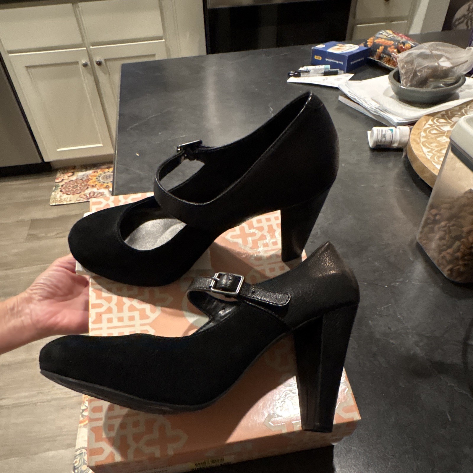 Gianni Bini Black Suede/Leather Mary Jane Heels Round Toe Ankle Strap 9M