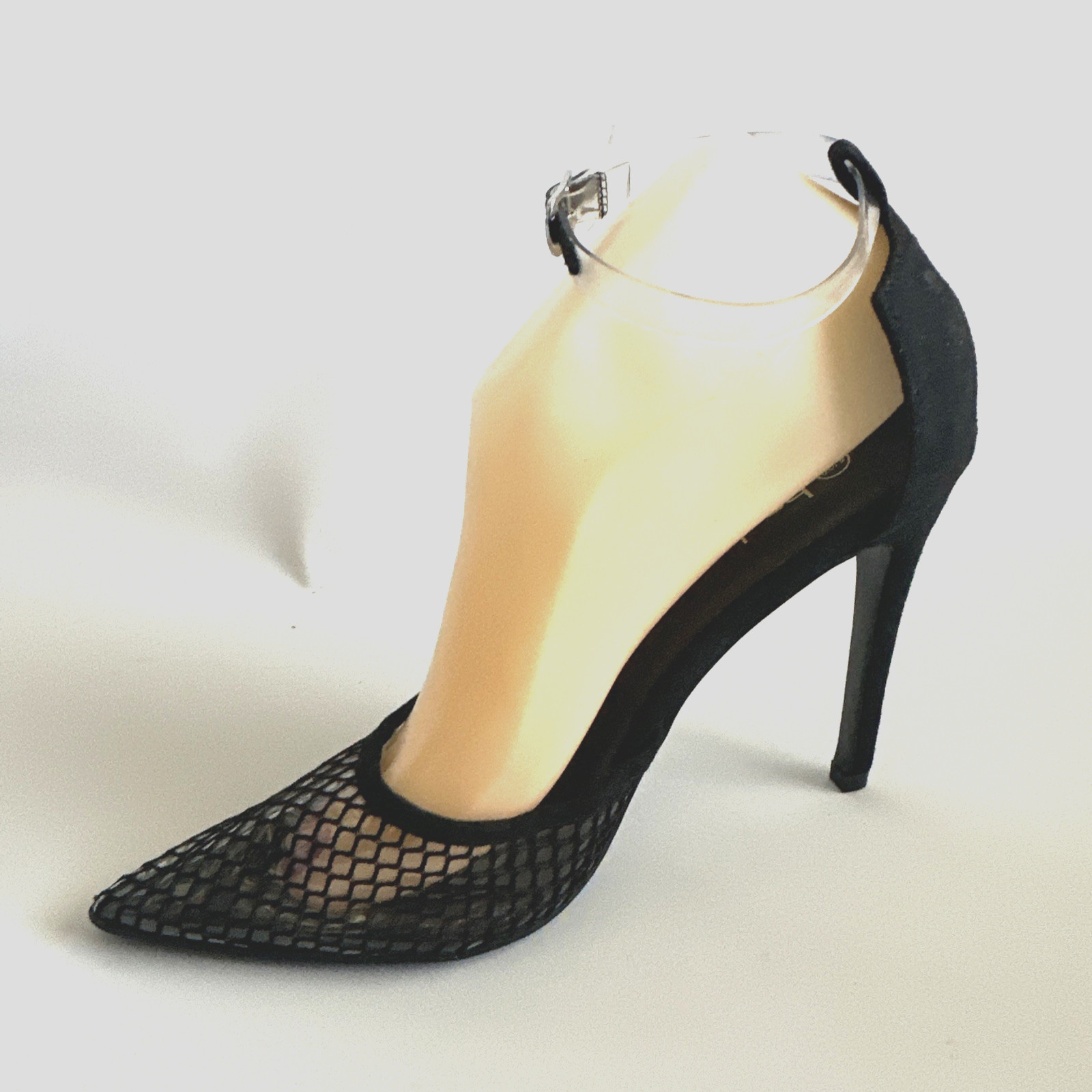 Boohoo Women Black Heel Size 6 Fishnet Pointed Toe Faux Suede Clear Plastic Shoe