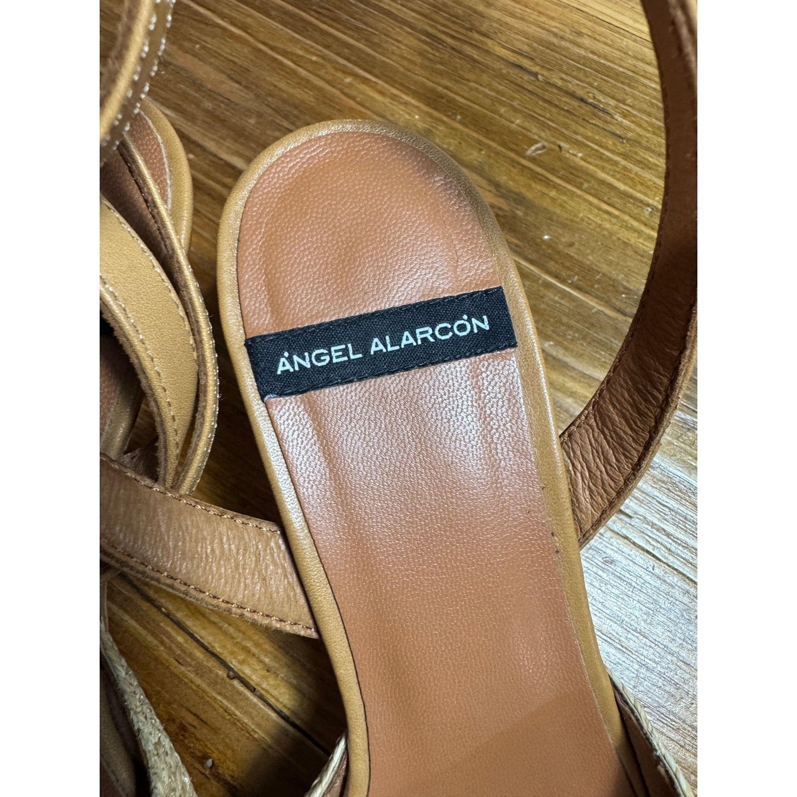 ANGEL ALARCON Helen Raffia Woven Slingback Heels Tan Leather Ankle Strap Size 39