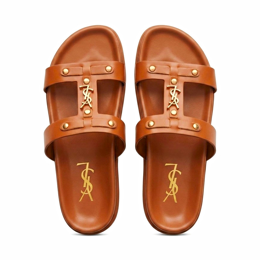 Saint Laurent Women’s Brown Leather Slide Sandals Slip-On US Size 7.5