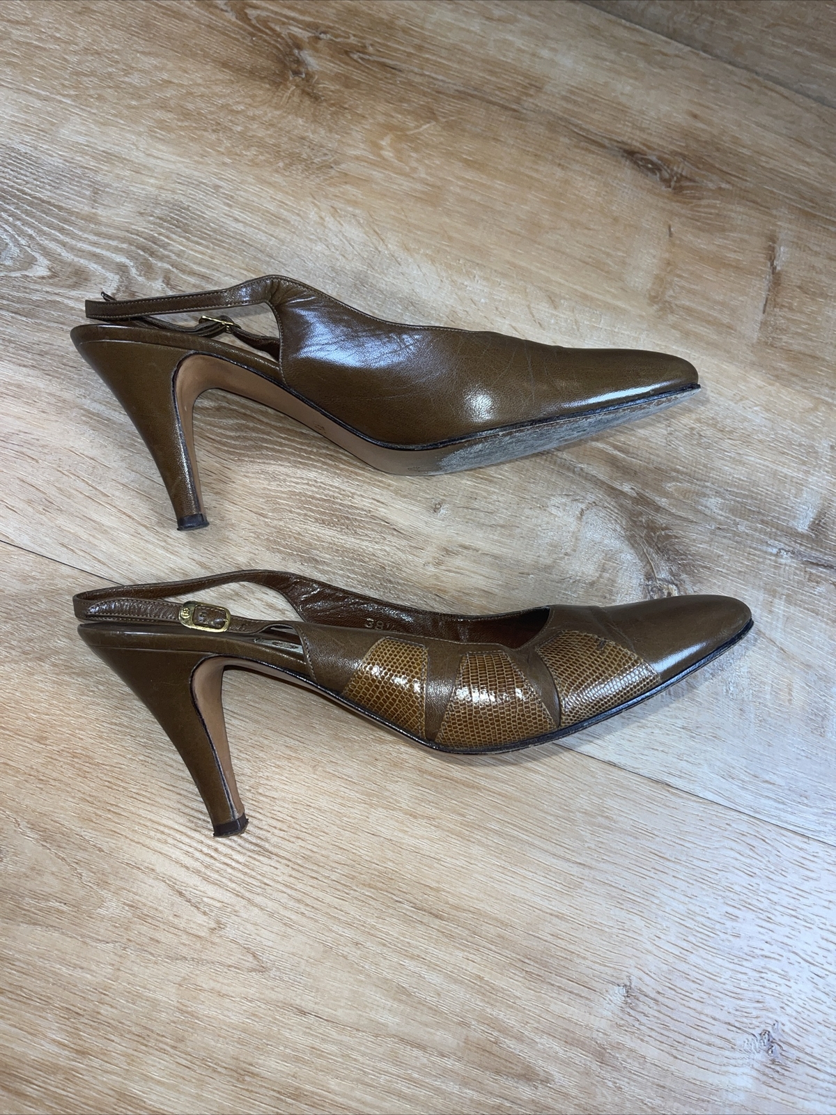 Vintage Gucci Leather W Snake Accent Sling Back Heels Shoes 38.5 N US 8.5