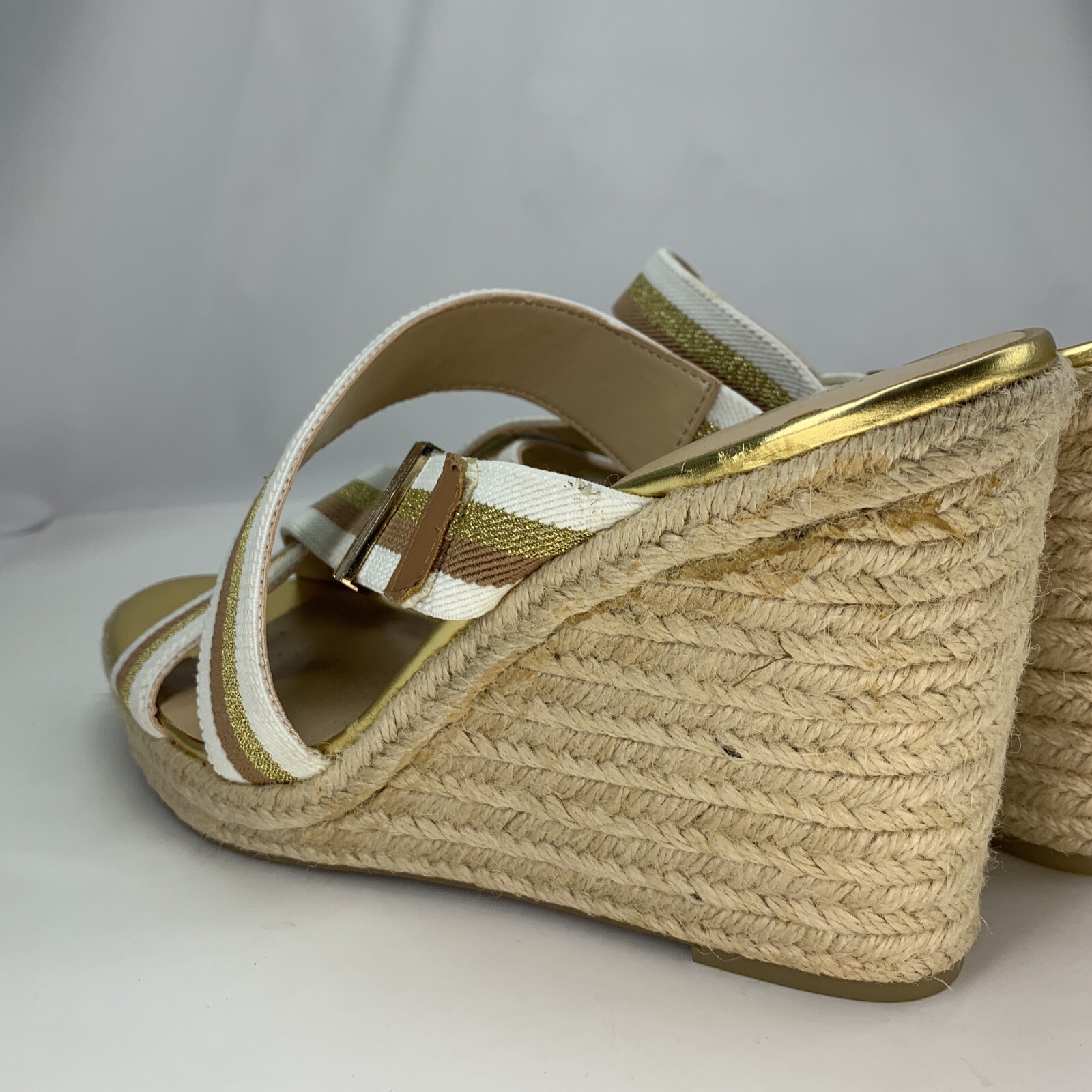 Tommy Hilfiger Sz 10 TWPARFAIT Espadrille White Gold Brown Strappy Wedge Sandals