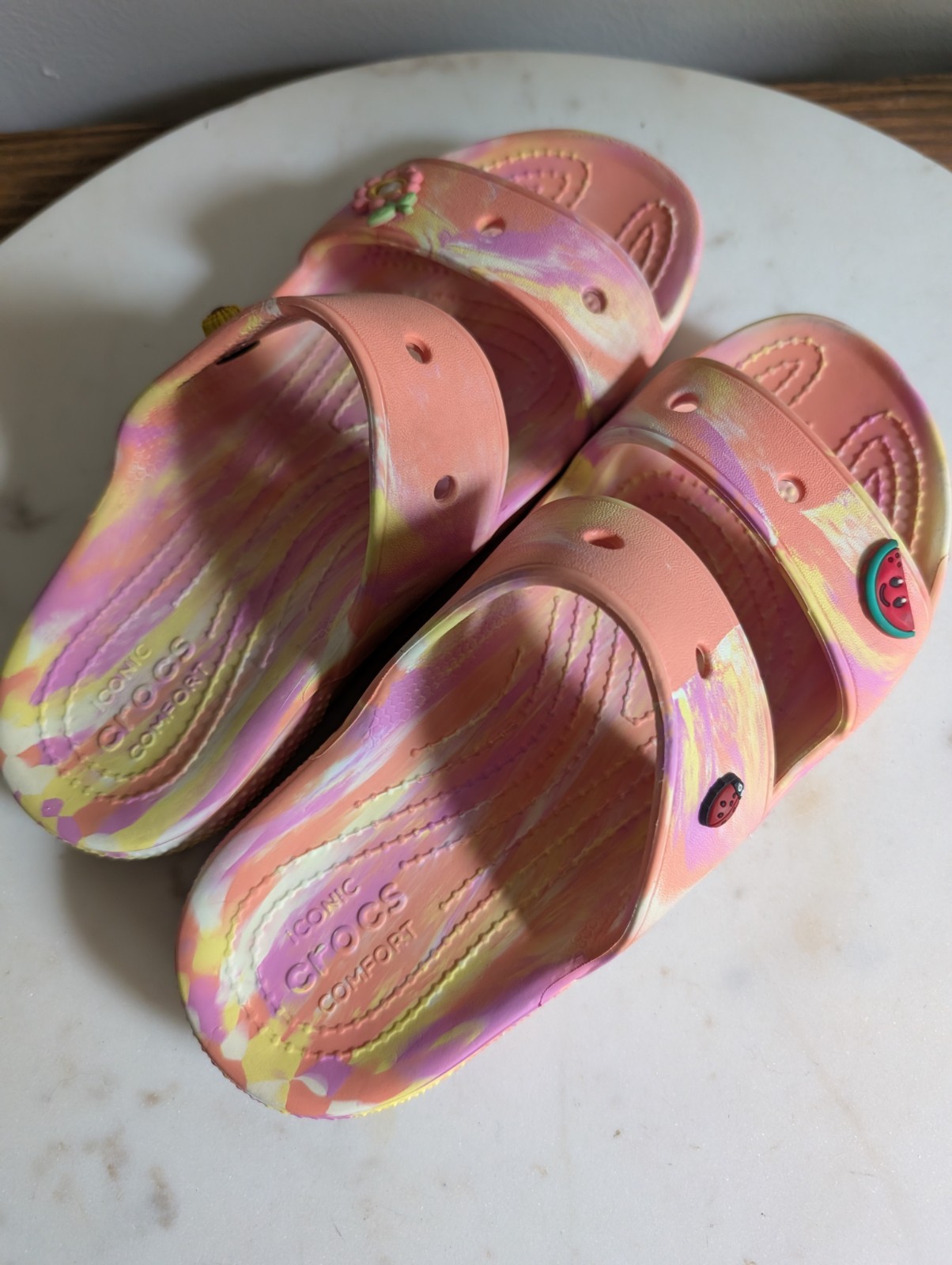 Crocs Iconic Comfort Women’s Slide Sandals Pink Yellow Marble Jibbitz Size W7
