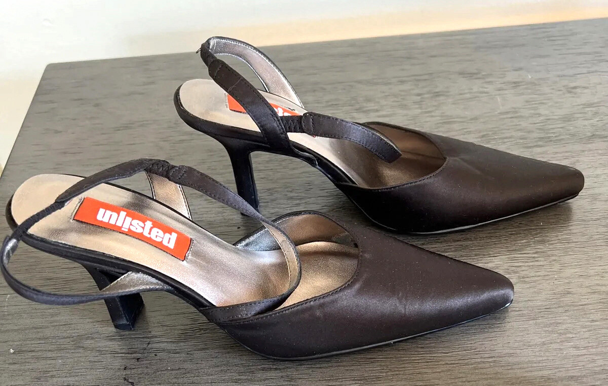 UNLISTED by KENNETH COLE Black Satin SLINGBACK HEELS Size Not Marked 7 to 7 1/2