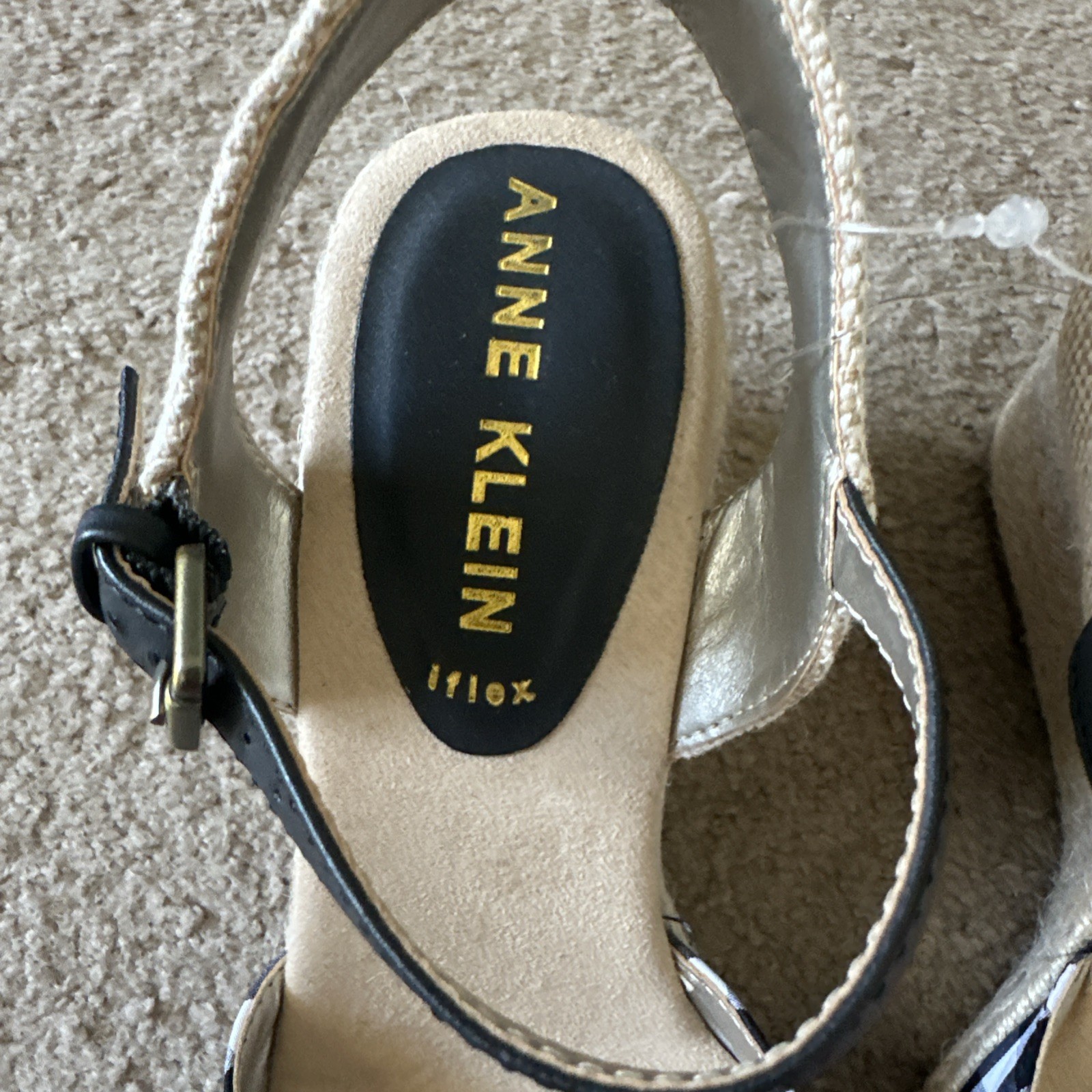 Anne Klein iflex Black White Gingham Check & Straw Wedge Slingback Size 6.5M