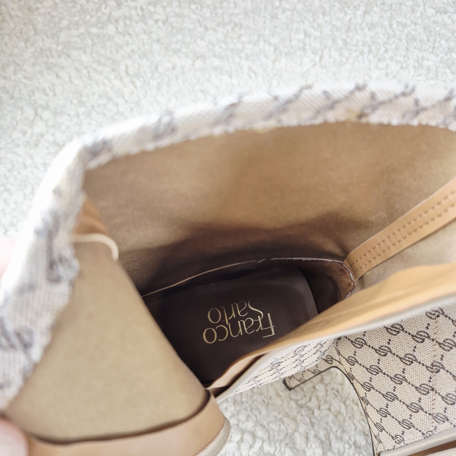 Franco Sarto L-Avana Monogram Ankle Boot 7.5 Pointed Toe Block Heal Beige Canvas