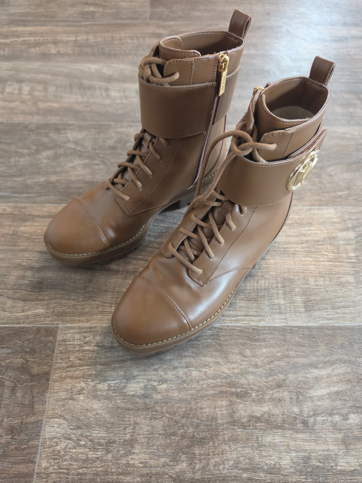 Michael Kors Brown Leather Combat Boot Logo Zipper Lace Up Women’s