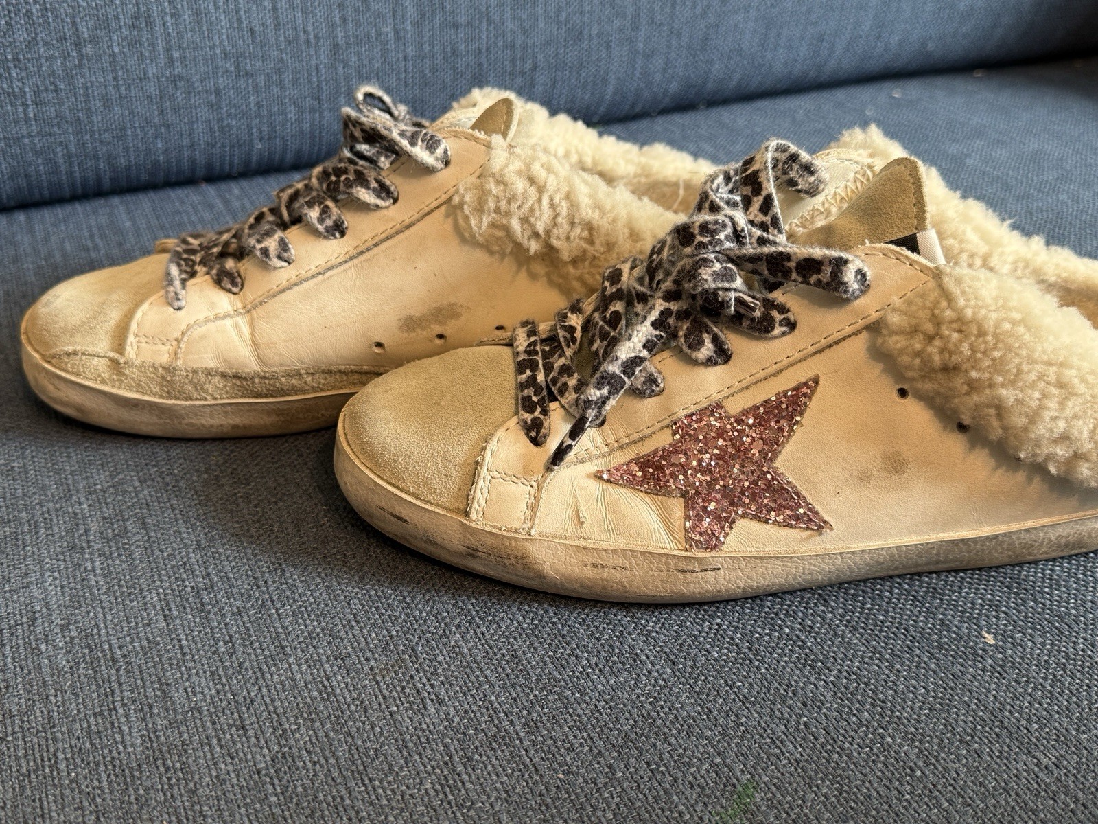 Golden Goose Superstar Sabots With Pink Glitter Star & Shearling Lining 36