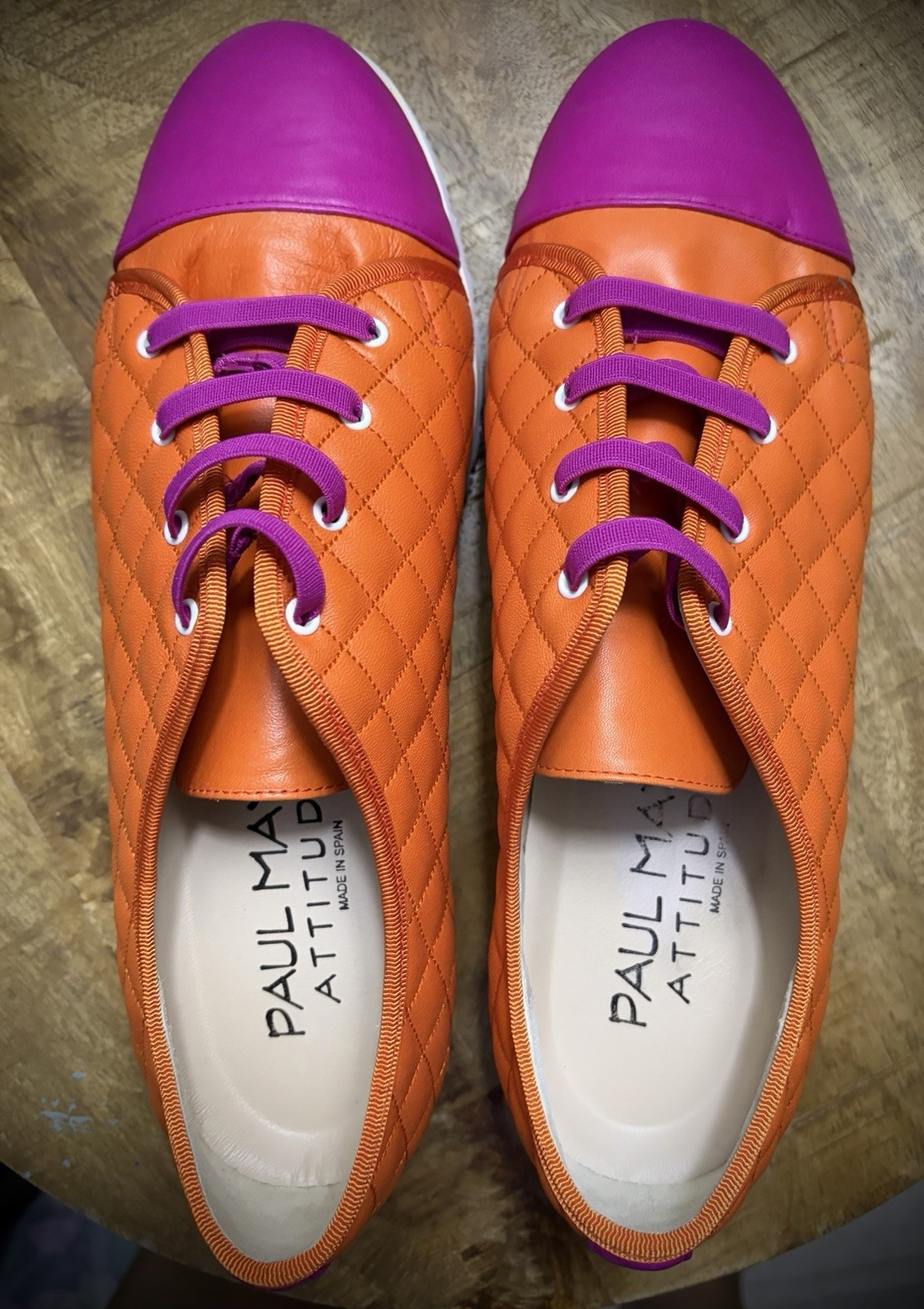 Paul Mayer Attitude Orange Purple White Quilted Lace-Up Low Top Lug Sole Sneaker