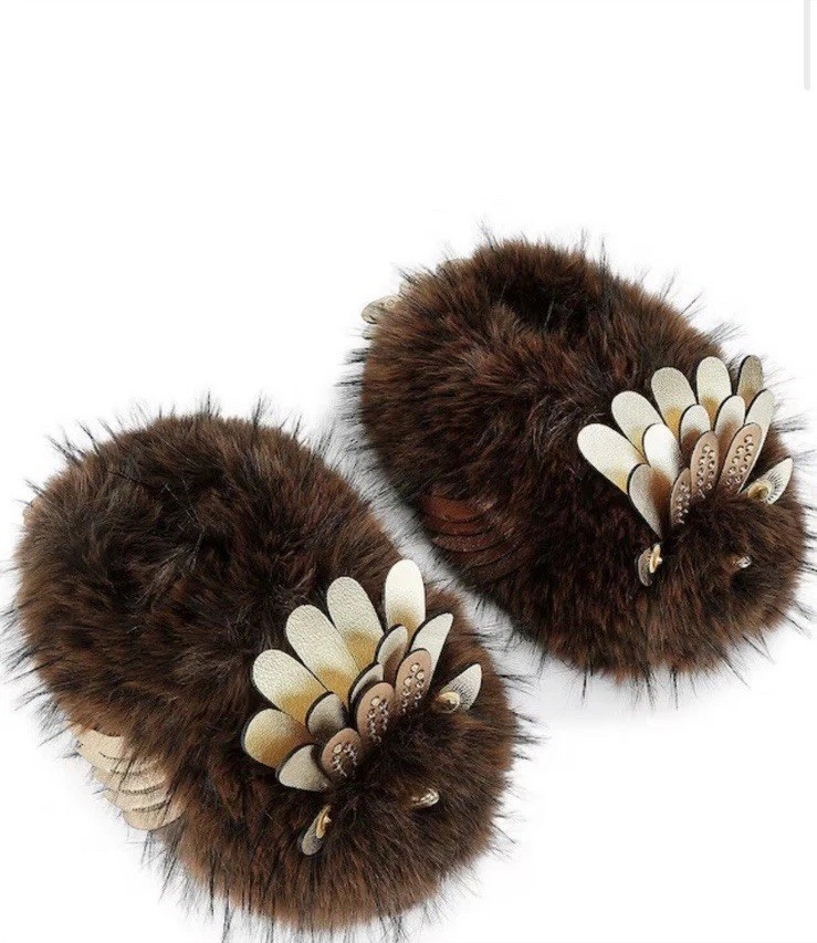 Kurt Geiger London-Eagle Fluff Faux Fur Bedazzled Brown/Gold Slippers, 8/9 New