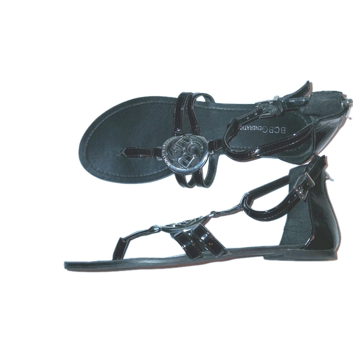 BCBG Women’s Silver Logo Zipper Back Sandals Black Size 7.5M Casual Flats