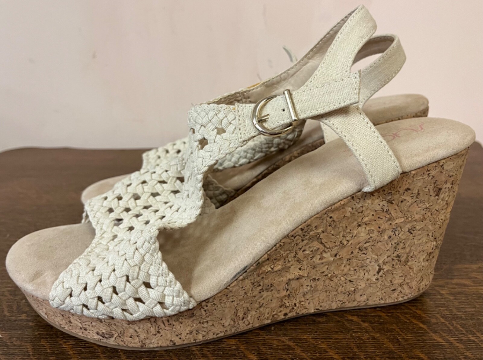 Sugar Jollie Beige Memory Foam Crochet Wedge Cork Sandals Sz 11 M New