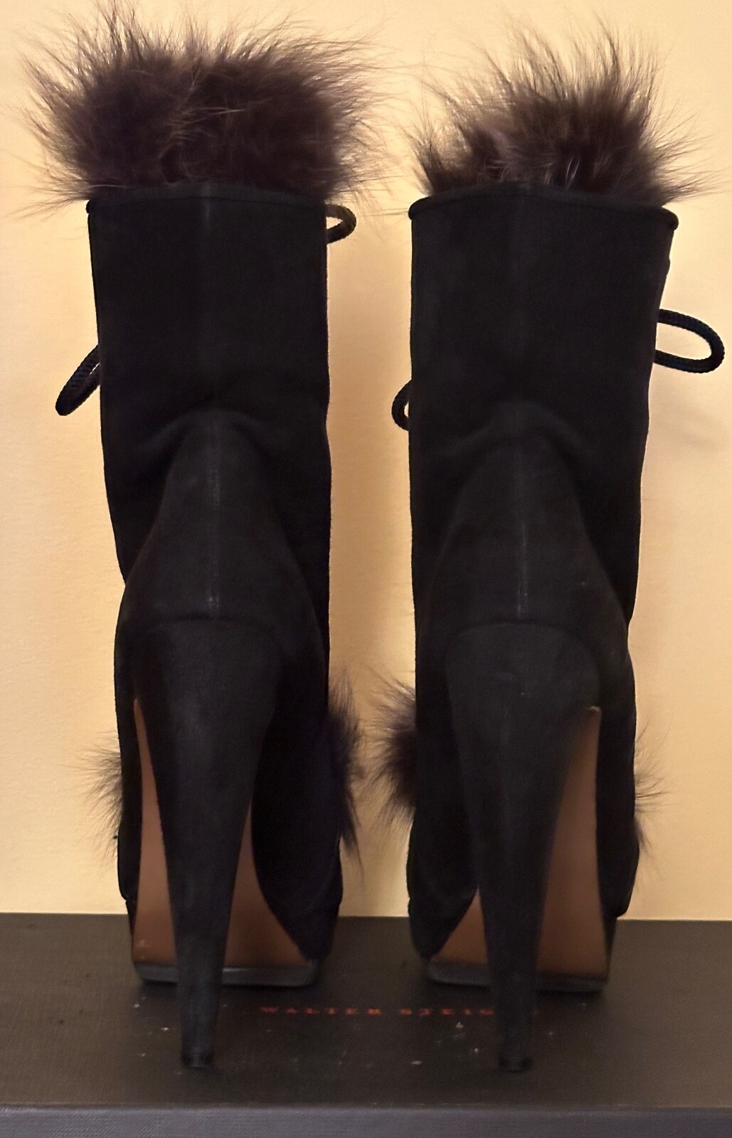 Walter Steiger Platf Black Suede With Real Fox Fur Tongue High Ank Boots size 40