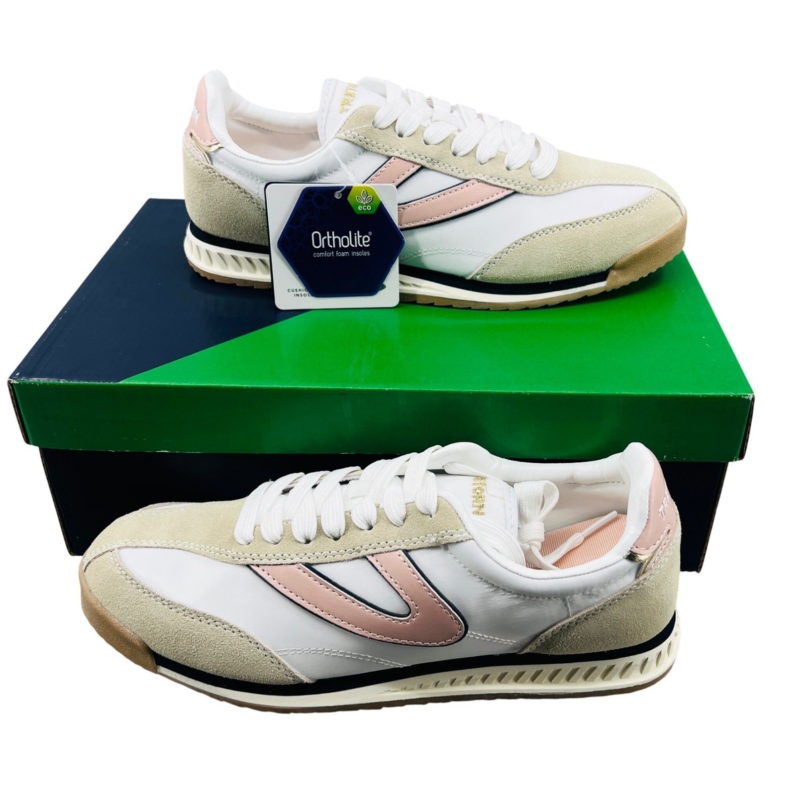 Tretorn Kristine Retro Jogger Womens 8.5 White Pink Navy Lace Up Trainers NEW