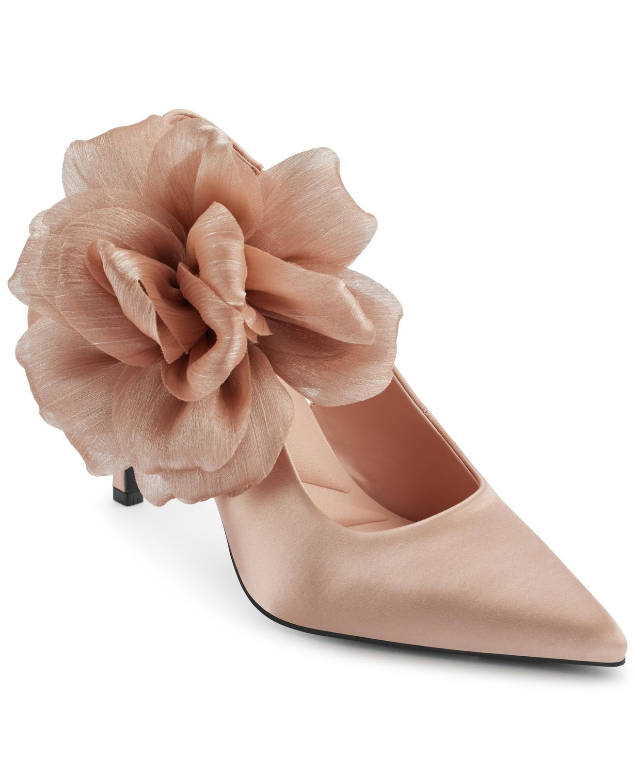KARL LAGERFELD Paris Women’s Blush Satin Flower Pointed-Toe Kitten Heel Pumps