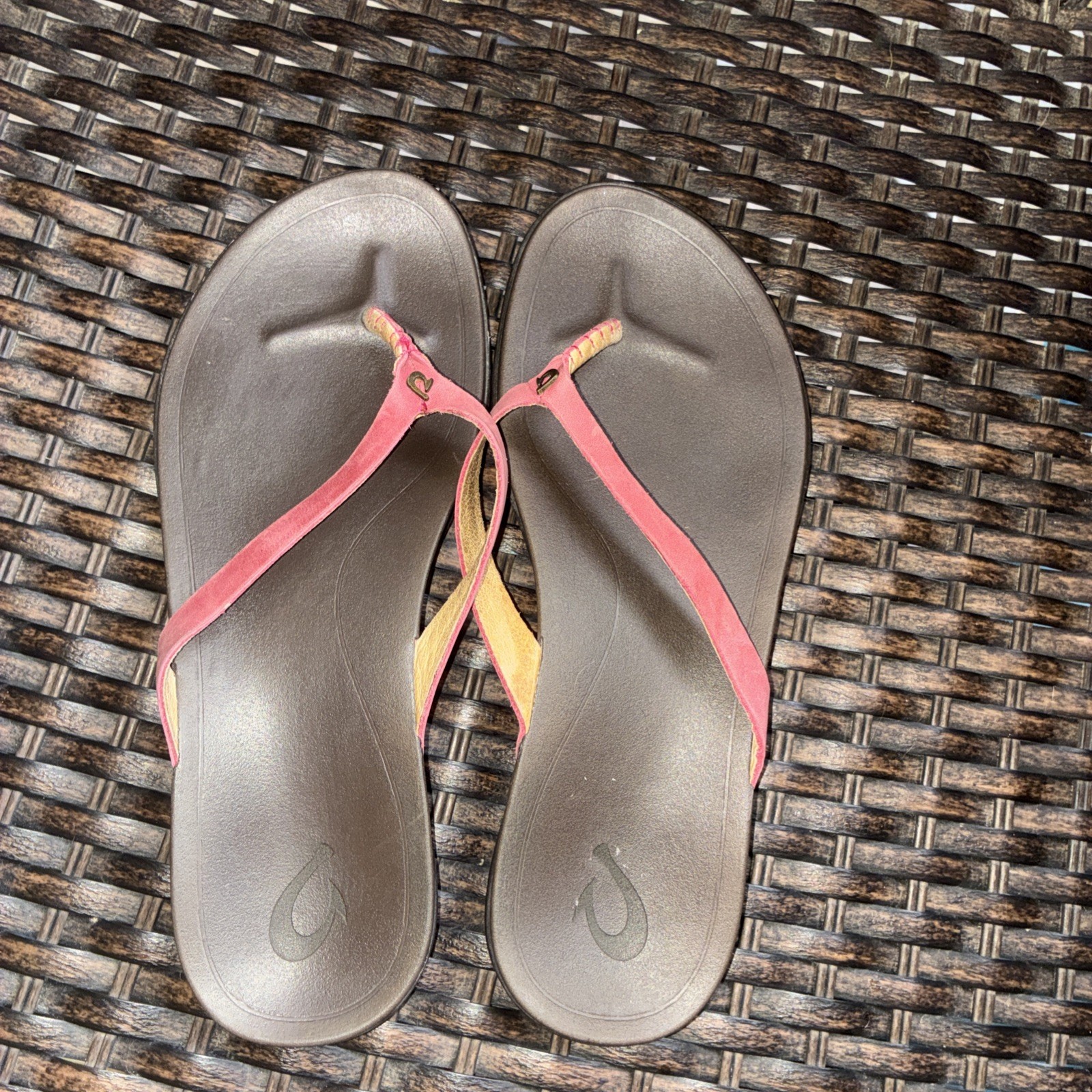 Olukai Ho Opio Women’s Pink Gray Leather Synthetic Flip Flop Sandal Size 8