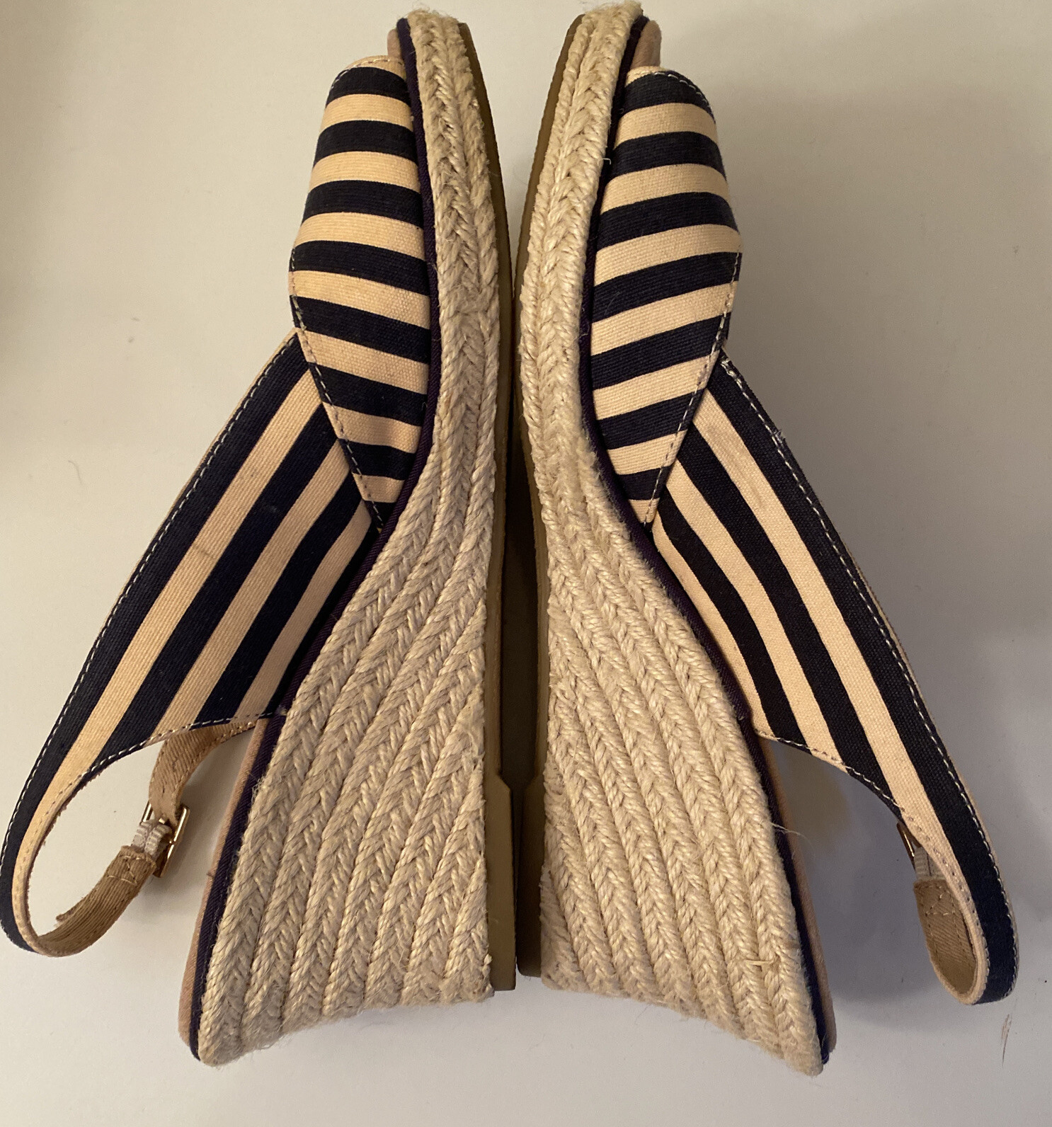 Lands End Mid Wedge Sandal Deep Sea Navy Beige Stripe Womens 8M Presley