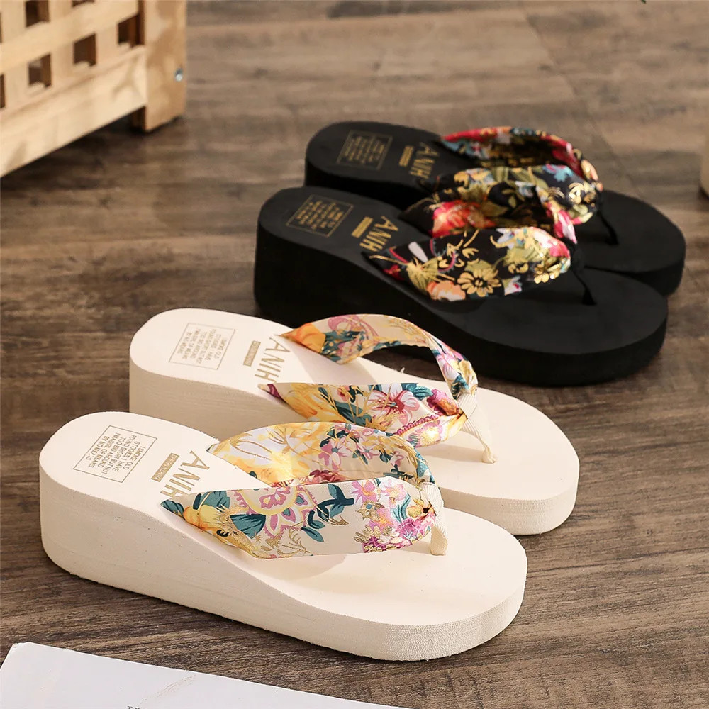 Women Summer Wedges Slipper Bohemian Satin Ribbon Female Flip Flop Ladies Beach