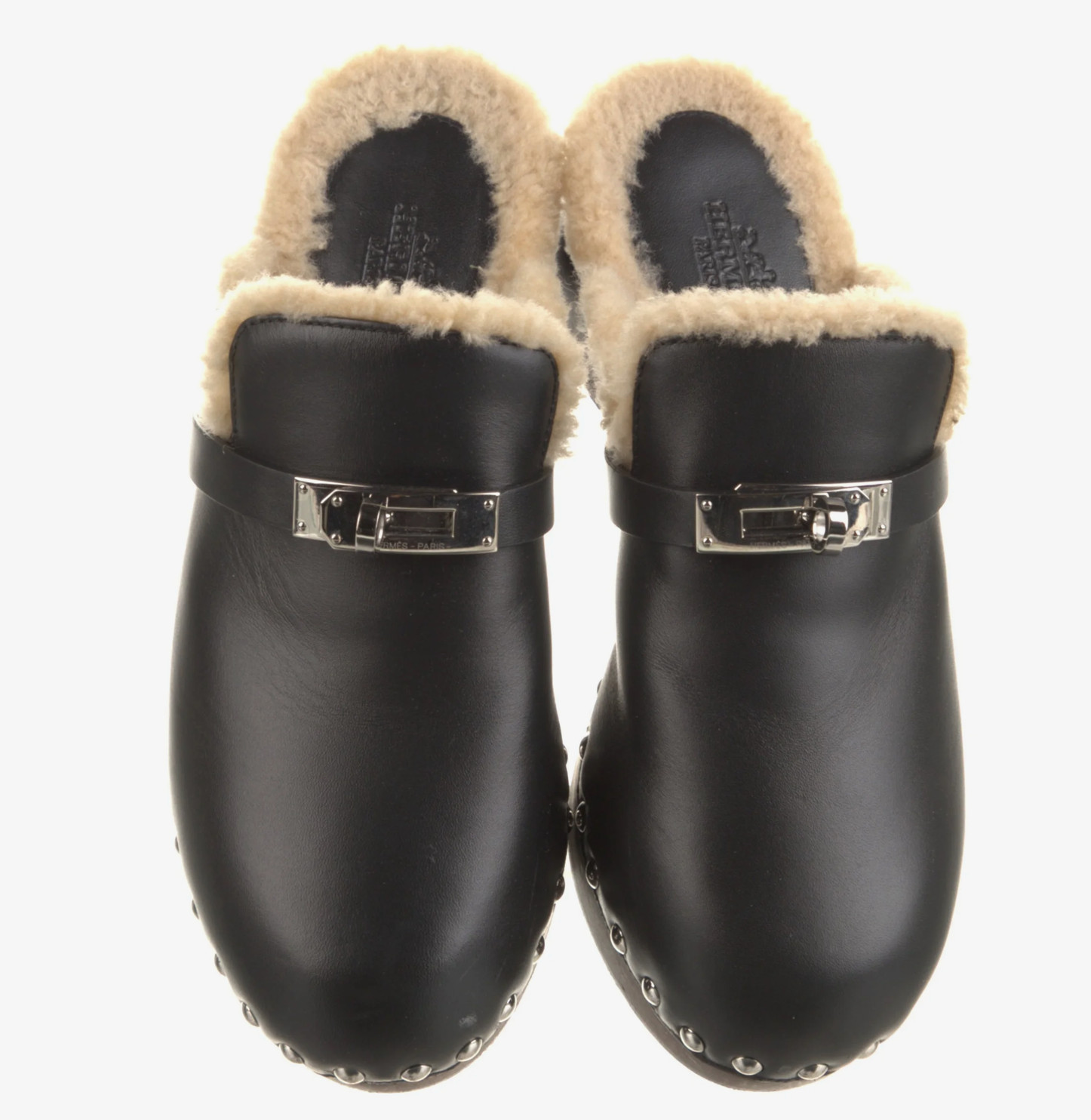 Hermes Carlotta Mule Black Leather Kelly Lock Shearling Fur Clog Slide Women’s 5