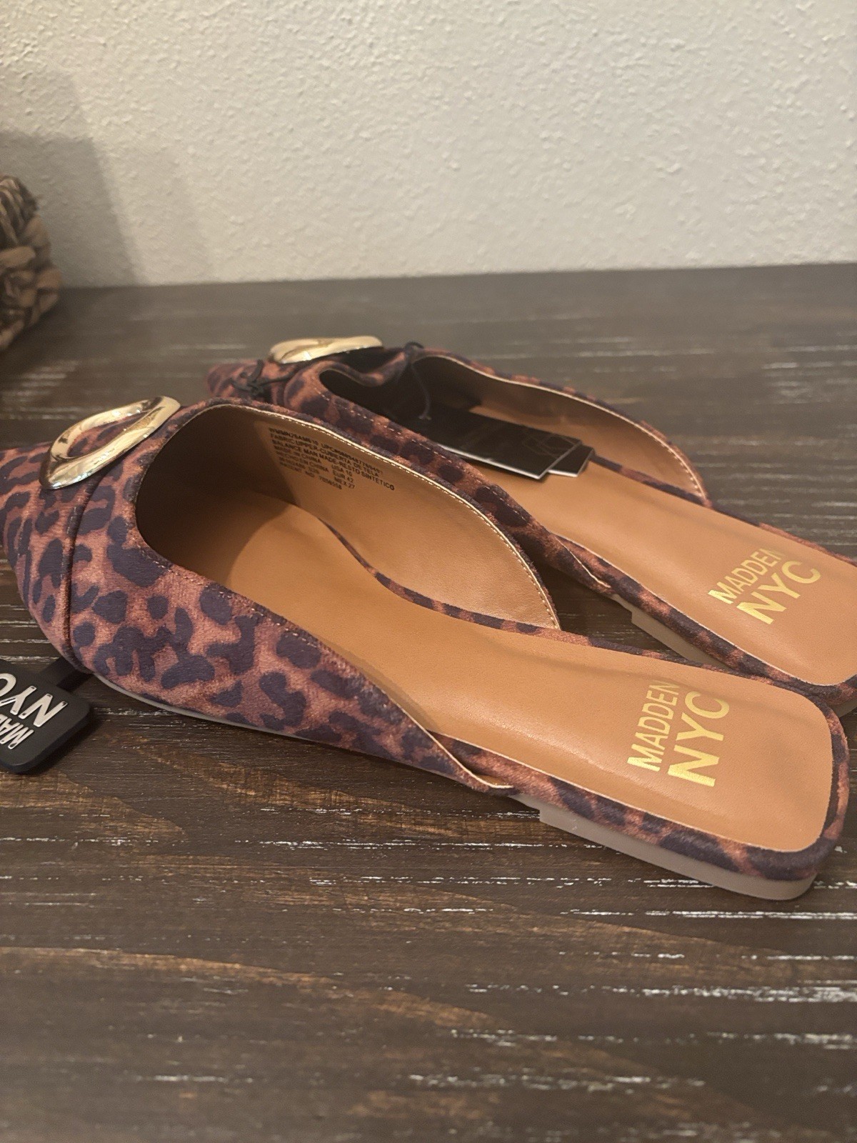 Madden NYC Mules Women 10 Leopard Print Gold Buckle Pointed Toe Flat NEW