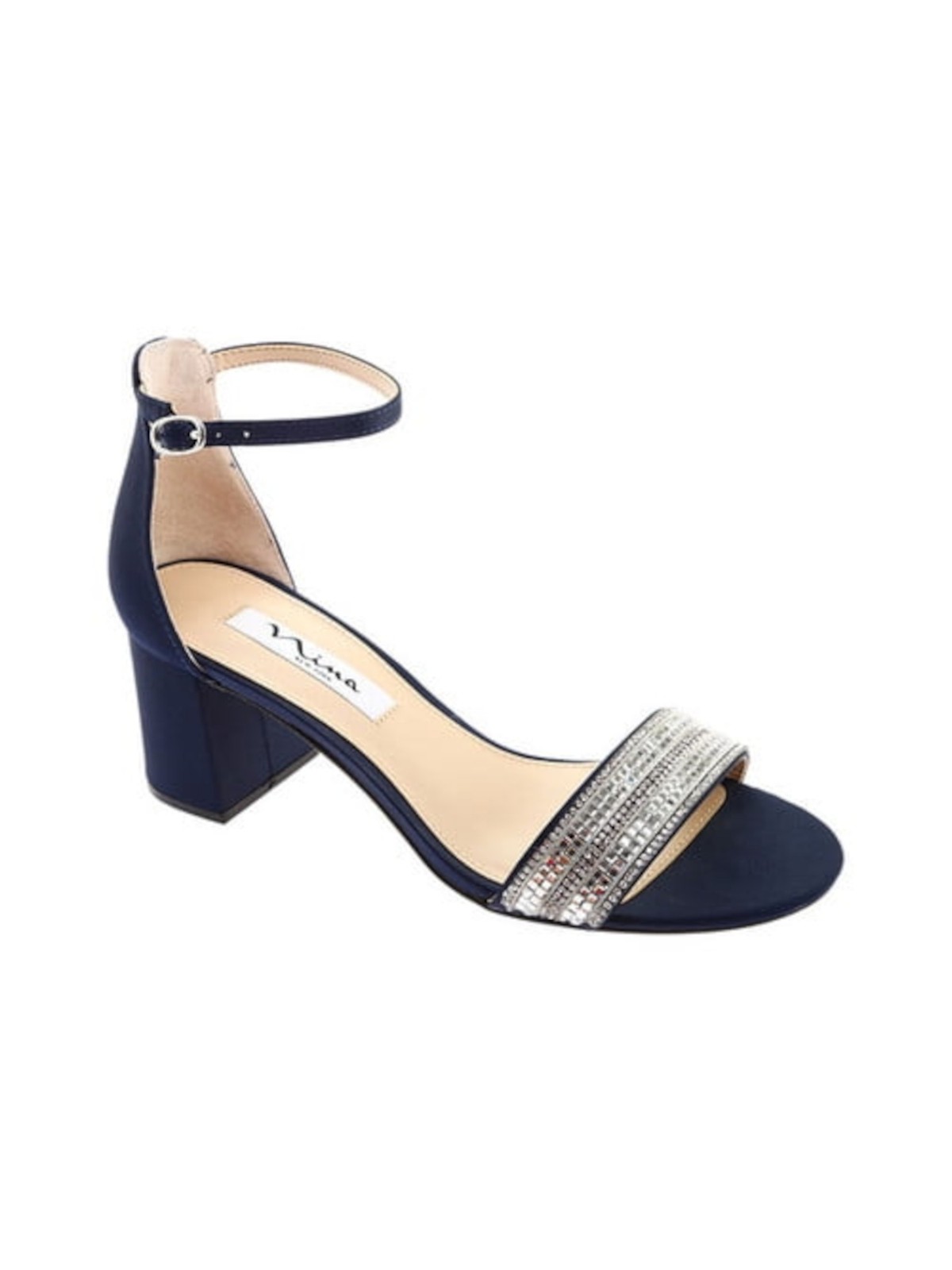 NINA Womens Navy Crystal Embellishment Elenora Block Heel Sandals 7.5 M