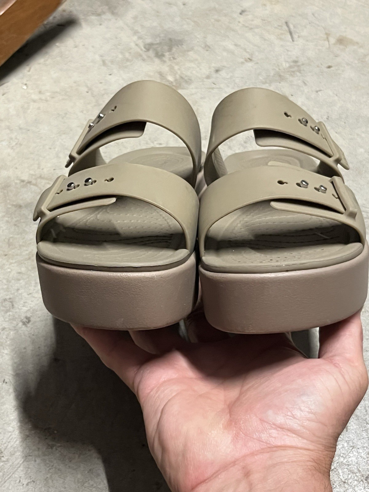 Crocs LiteRide Brooklyn Buckle Low Wedge platform Latte / Mushroom sandals sz. 7