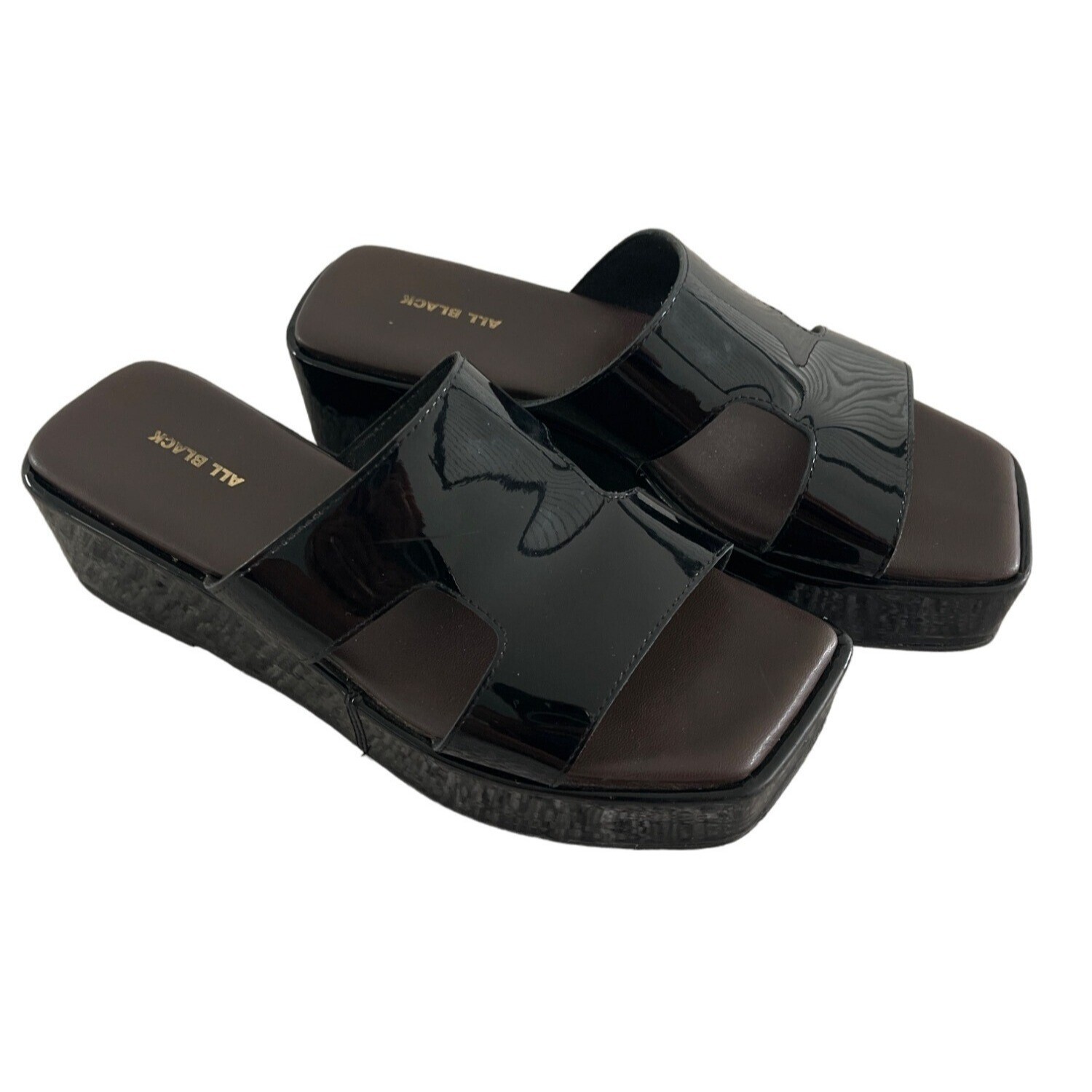 ALL BLACK FOOTWEAR Blunt T Wedge Sandals Black Patent Leather Womens 40 9-9.5 $1