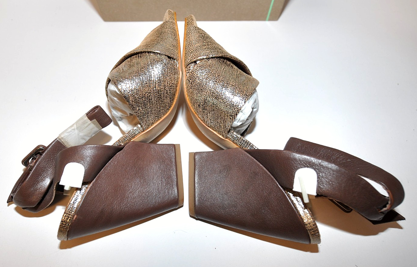 Bacio 61 «Betulla» Leather Wedge Ankle Strap Sandal 4.25″ Heel, Brown/Silver NIB