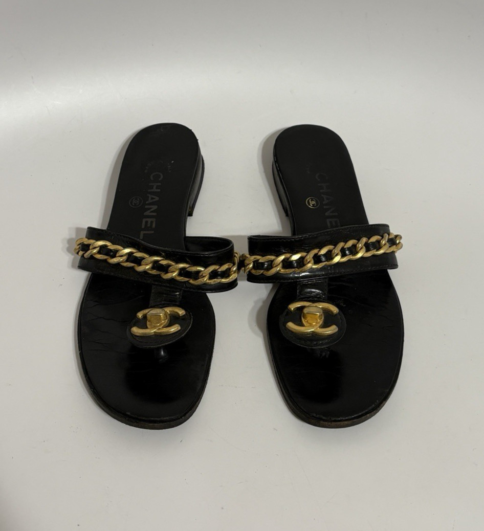 Vtg Chanel 90s Black Leather CC Logo Turn Lock Sandals 37