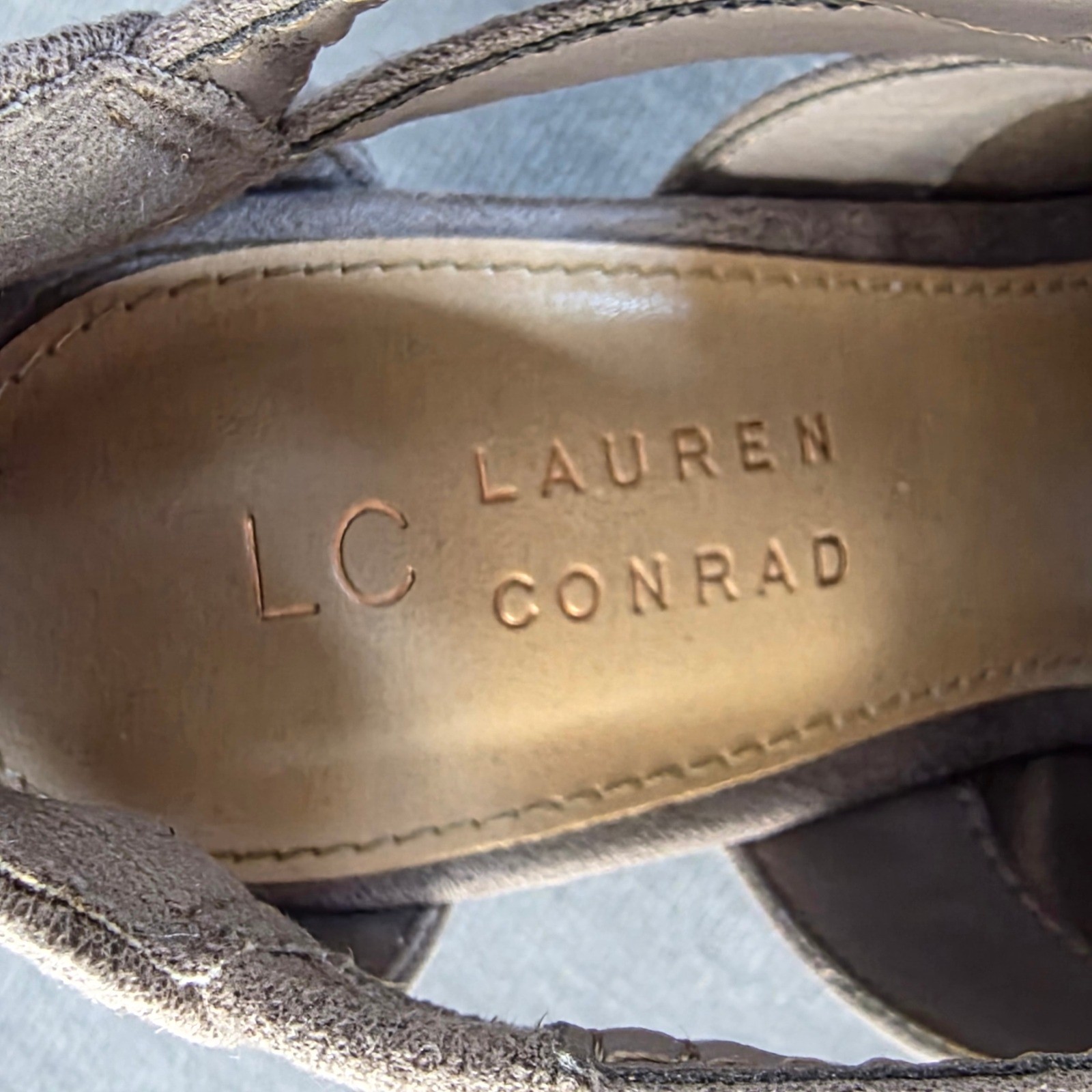 LC Lauren Conrad Peep Toe Booties Womens 7 Grey Java Bow Cut Out Block Heel