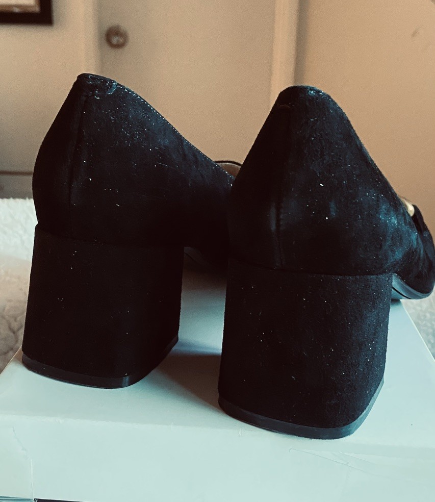 NIB Nine West Black Suede Heels Size 9M Veepe Leather Gold Link Chain Loafer￼￼￼
