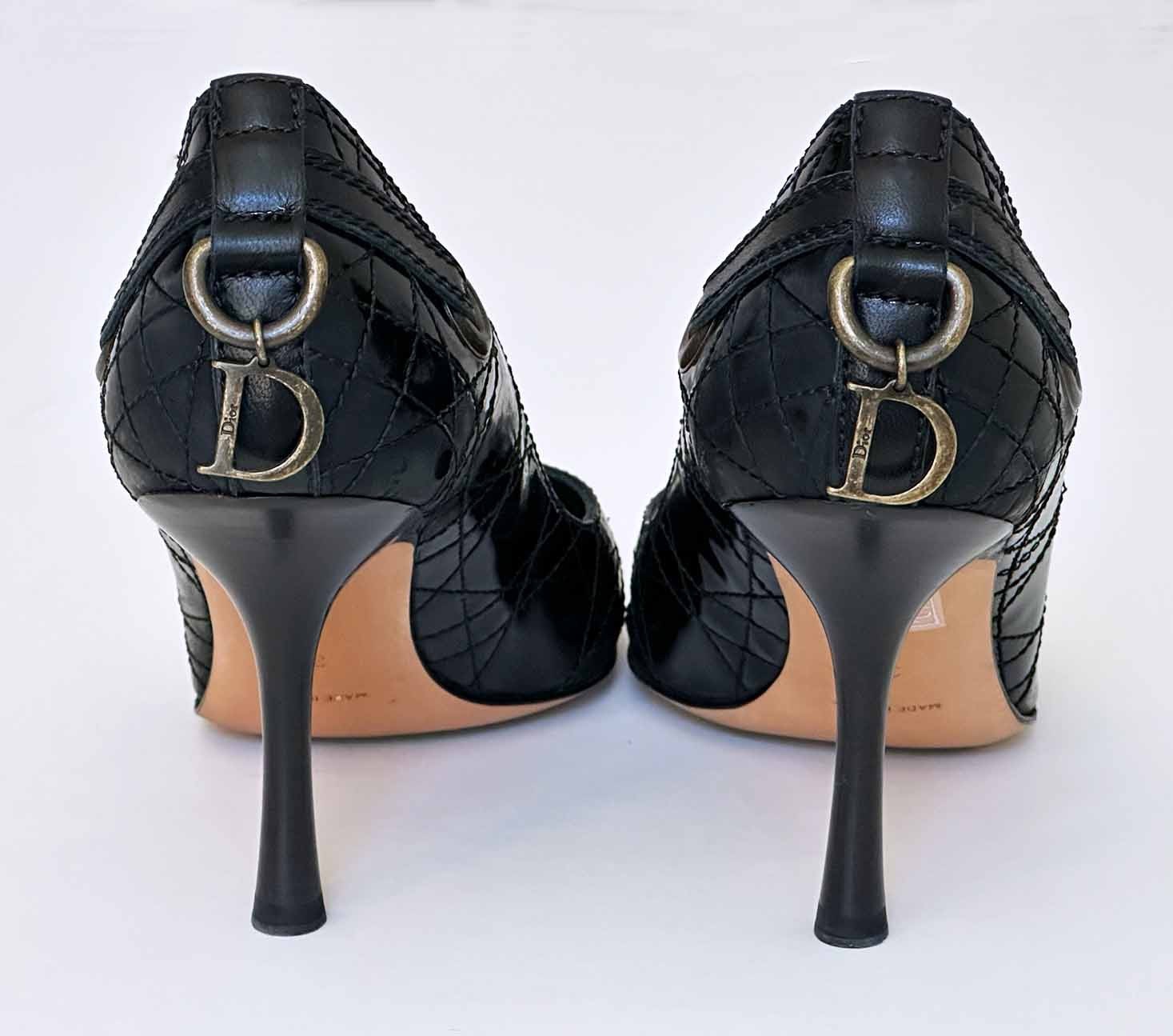 Christian Dior Black Cannage Patent Leather Peep Toe Pumps D Charm Heels EU 38