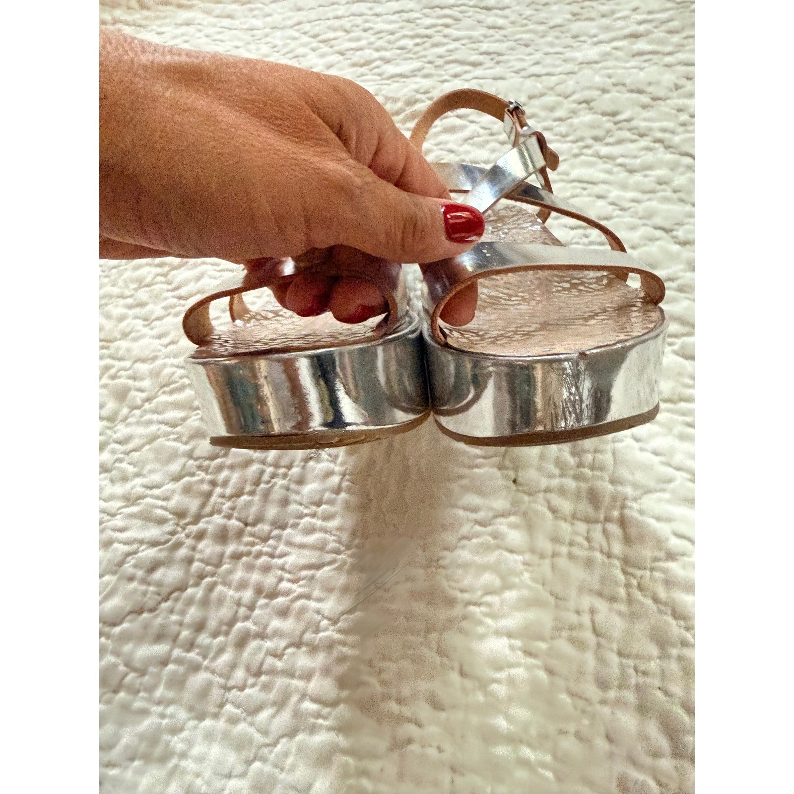 Pedro Garcia Silver Metallic Platform Sandals Block Heel Mirror Finish Strappy