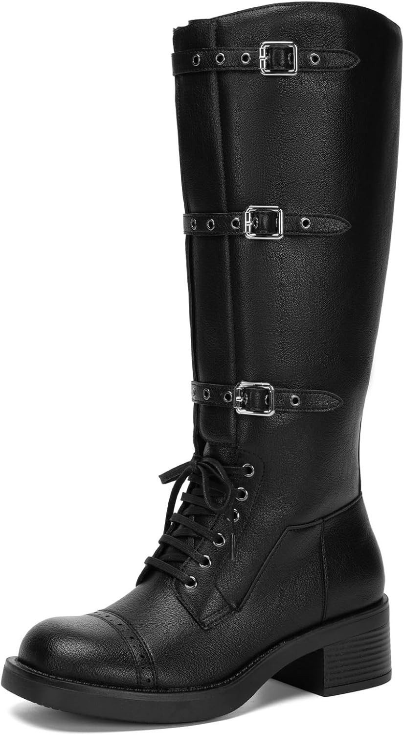 Women’s Wide Calf Knee High Boots Buckle Low Heel Riding Boots Winter Warm Boots