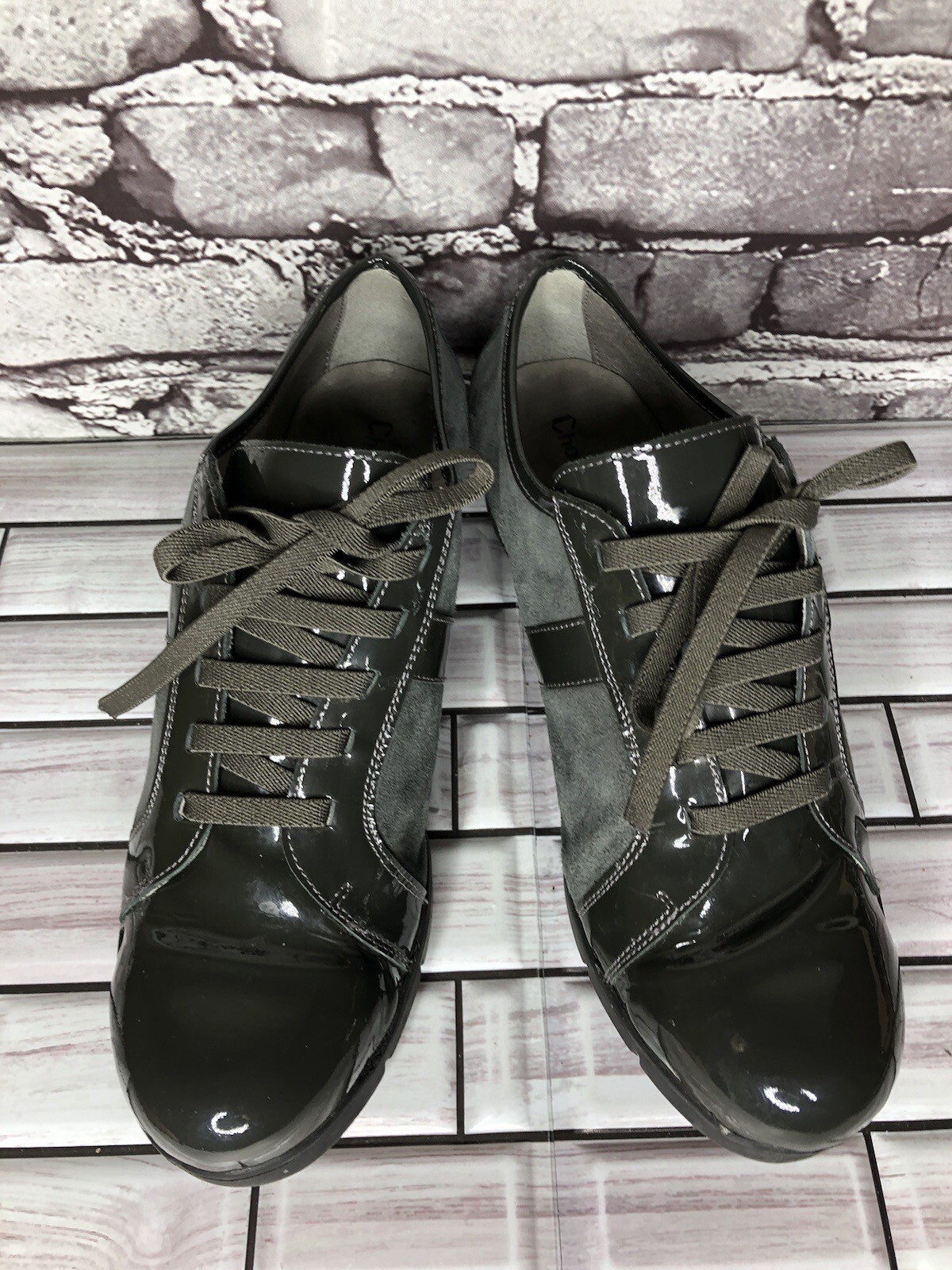 Charly Fox Gray Suede Patent Leather Lace Up Casual Wedge Shoes Women 39EU/8.5US