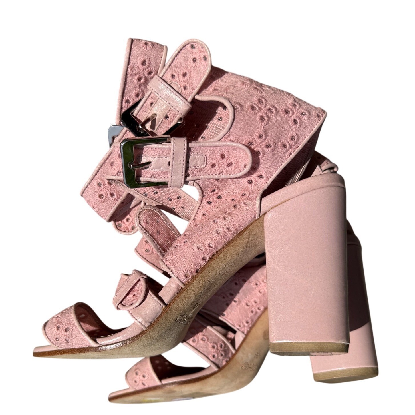 Laurence Dacade Leather Heels Eyelet Buckle Sandals Blush Pink Size 39 W Open To