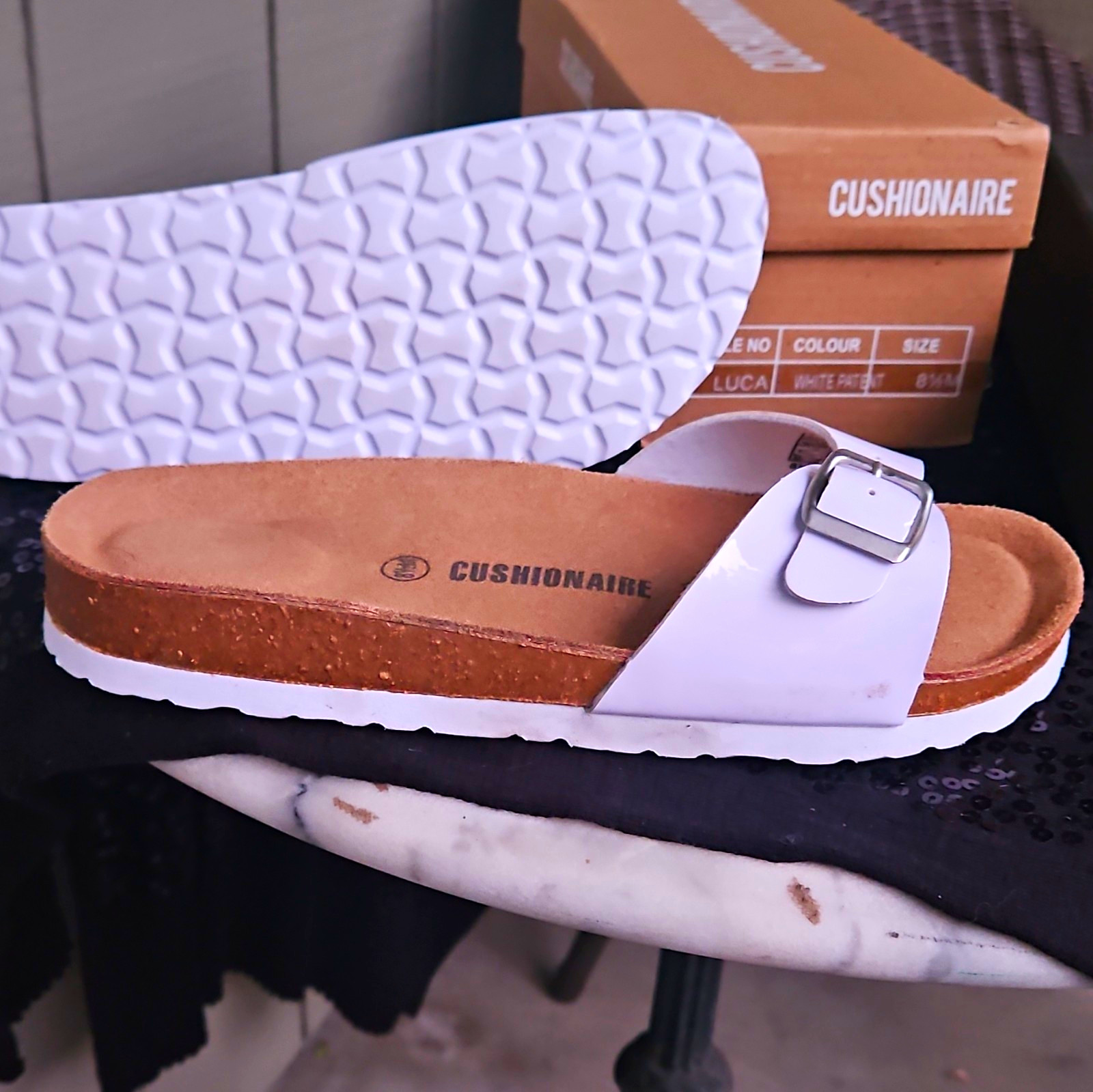 CUSHIONAIRE Women’s White Slide Sandals Buckle Adjustable Strap Cork 8.5