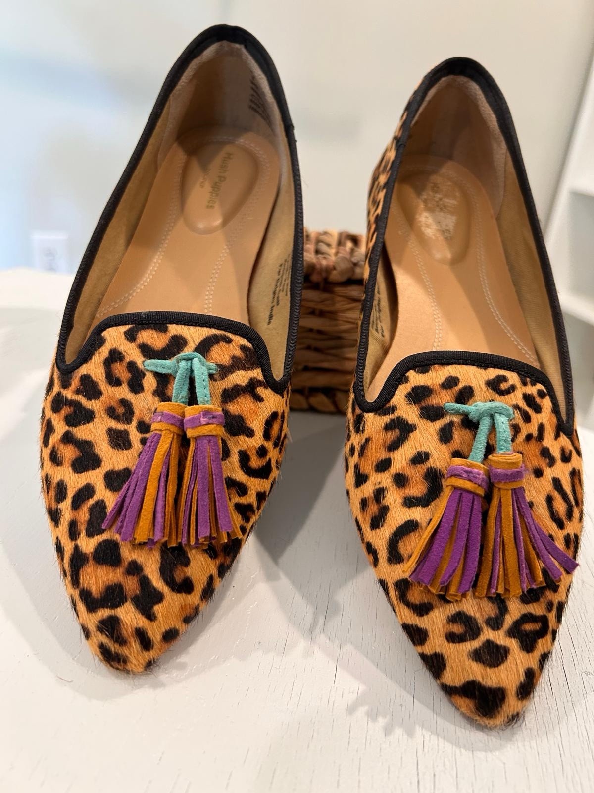 Hush Puppies Leopard Calf Hair Tassel Loafers Women’s US 8 Wide Bounce Flats