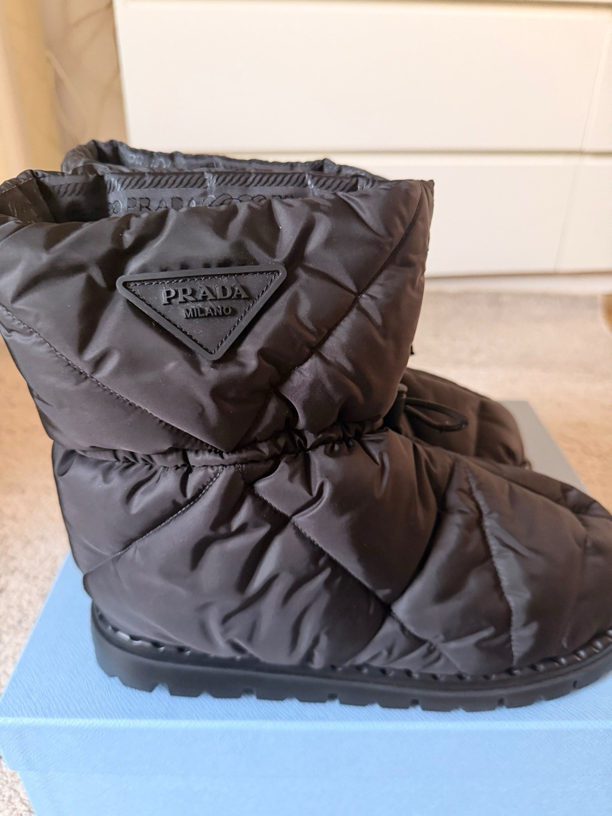 PRADA Milano Women’s Black Quilted Nylon Drawstring Lined Ankle Snow Boot 9.5