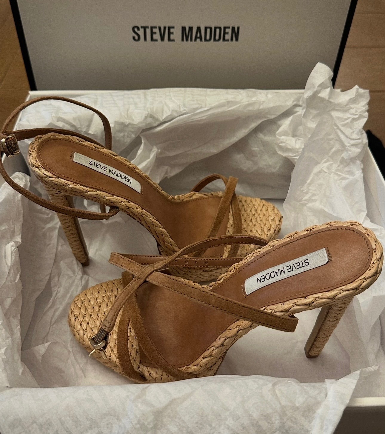 Steve Madden Juni Suede Raffia Strappy Heels Cogniac/ Tan/ Brown Sz 6.5