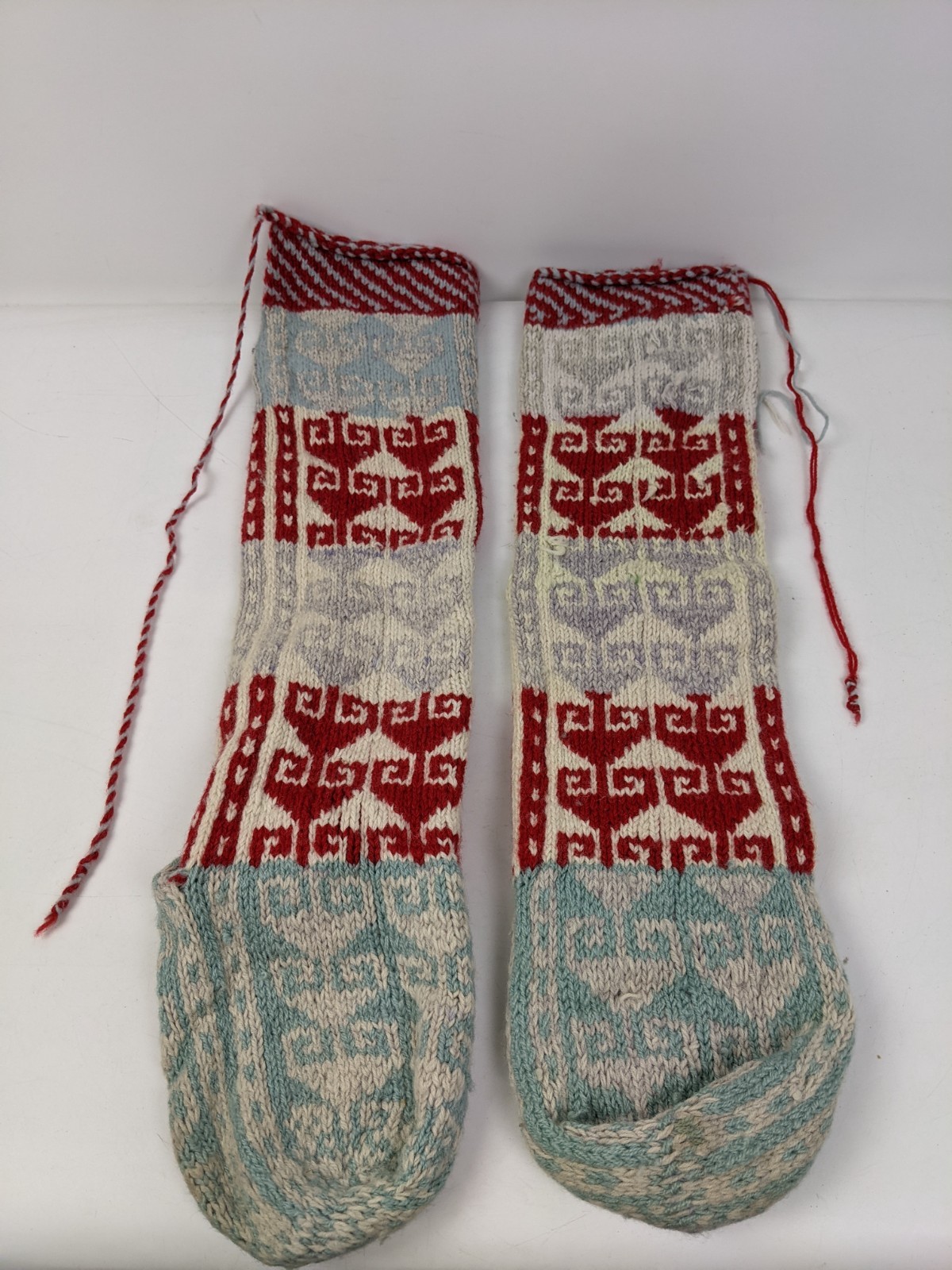 Vintage Hand Knit Hand Woven Traditional Pattern Slipper Socks Knee High