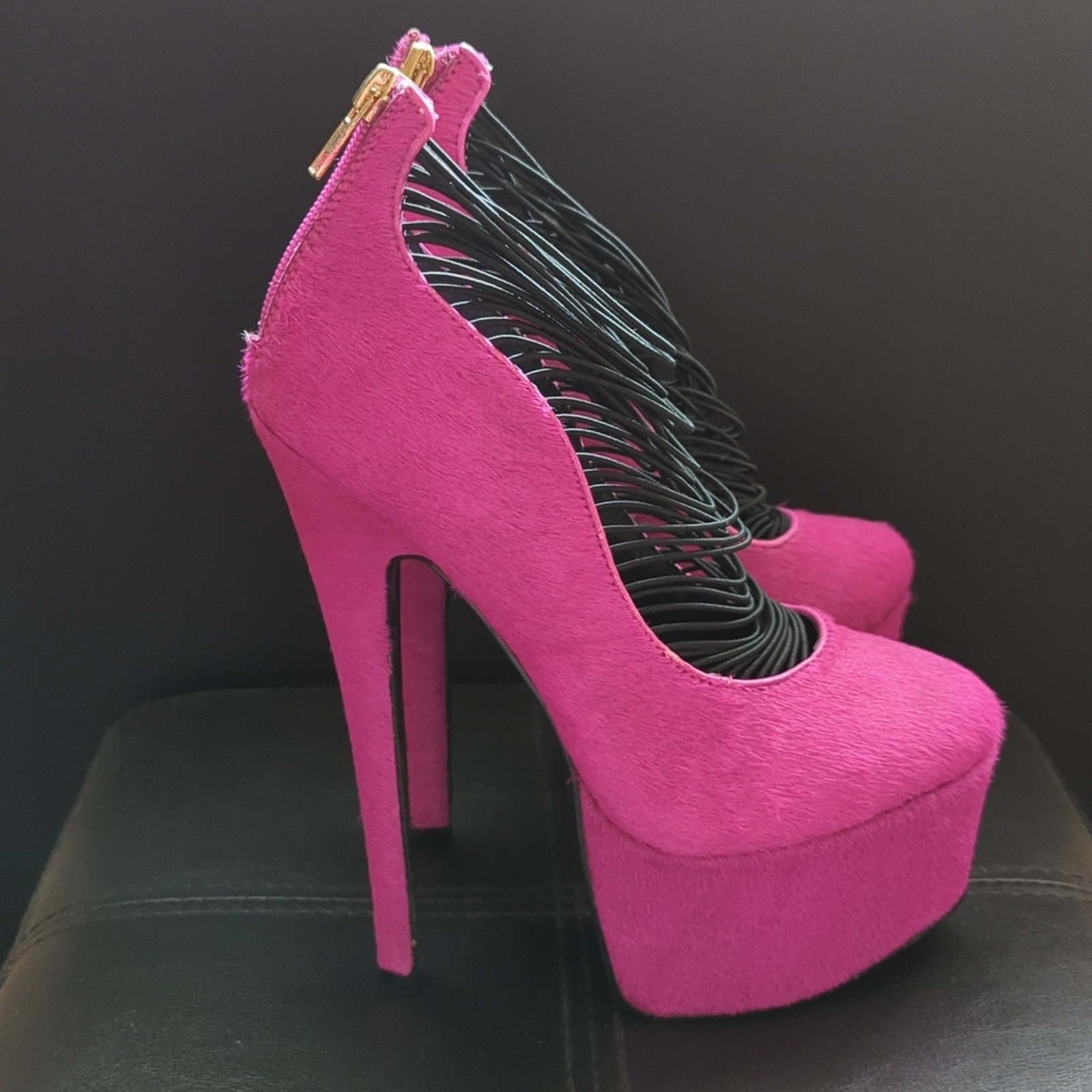 London Trash Ceres Platform Pony Hair Hot Pink Leather Pumps Sexy Heels NWT