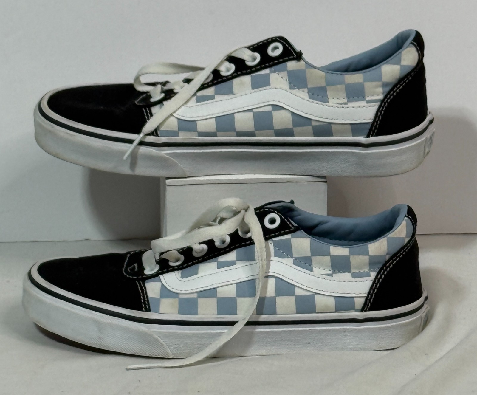 Vans Old Skool Blue Checkerboard Sneakers Womens Sz 7 Black Toe Skate Shoes Low